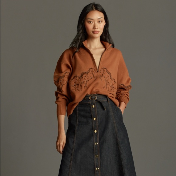 Anthropologie Maeve Montana Mock Neck Half Zip Horse Sweater Size XL NWT - Picture 3 of 6